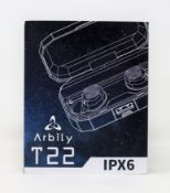 A large quantity of Individually boxed Arbily T22 IPX6 Bluetooth ear buds in black (approx. 45