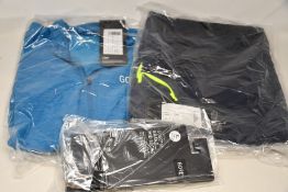 Two as new Gore Wear C3 sphere blue jerseys (medium / small), two as new Gore Wear 2 in 1 orbit blue