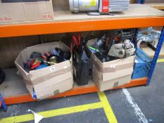 Two boxes of assorted pre-owned power and hand tools and related items.