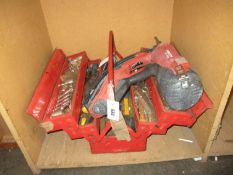 A Hilti GX 120 Nail Gun and toolbox full of spanners, screwdrivers, etc., all pre-owned.