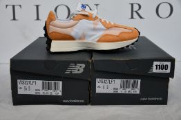 Two pairs of as new New Balance 327 trainers (UK 3.5, 4).