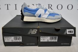Two pairs of as new New Balance 327 trainers (UK 9.5, 10).