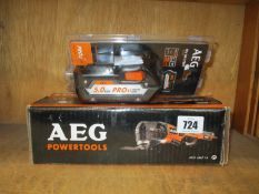 An AEG 18V Multi-Head Tool OMN18C - 0KIT1X and an AEG 18V Battery L1850R.