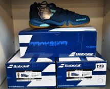 Three pairs of men's as new Babolat Shadow Spirit badminton trainers (UK 9, 2 x UK 10).