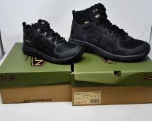 Two pairs of as new Keen Explore Mid waterproof boots (Men's UK 11, women's UK 4).