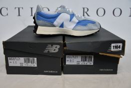 Two pairs of as new New Balance 327 trainers (UK 7.5, 8).