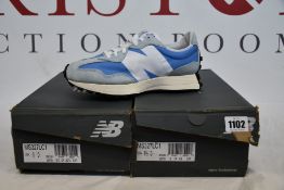 Two pairs of as new New Balance 327 trainers (UK 8.5, 9).