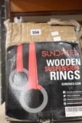 Ten sets of boxed Sundried Wooden Suspension Rings with straps (Gymnastics).