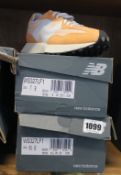 Two pairs of as new New Balance 327 trainers (UK 4.5, 5).