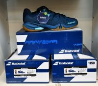 Three pairs of men's as new Babolat Shadow Spirit badminton trainers (UK 9, 9.5, 10).