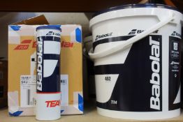 Two tubs of Babolat Play green tennis balls (72 balls per tub) and eighteen tubes of Babolat Team