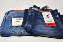 Two pairs of as new Diesel jeans (W28, 34).