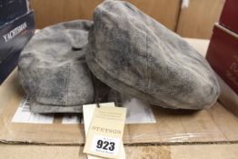 Two as new Stetson McCook brown leather 6-piece flat cap style hats (XL, XXL - RRP £92 each).