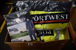 Fifteen items of as new Portwest safety wear; four band and brace jackets, seven boiler suits, two