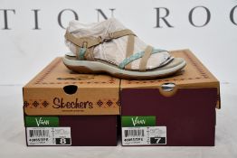 Six pairs of women's as new Skechers Vegan Vacay sandals (UK 4, 2 x UK 5, 2 x UK 6, UK 7).
