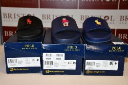 Three pairs of as new Ralph Lauren Cayson slides (EU 41, 44, 45).