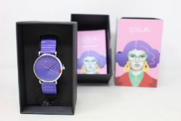A women's as new Coluri Kahlo watch in violet (RRP £139).