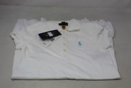 Seven girls as new Ralph Lauren polo dresses in white (Sizes 4T, 6, 6X, 7, 8-10, 12-14, 16).