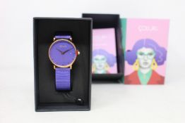 A women's as new Coluri Kahlo watch in violet (RRP £139).