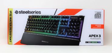 A boxed as new Steelseries Apex 3 RGB Mechanical Keyboard (US 64795).