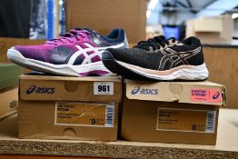 Two pair of women's as new Asics trainers; Gel Excite 7 (UK 6) and Gel-Tactic (UK 7).