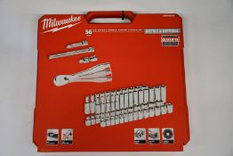An as new Milwaukee (4932464946) 3/8in Ratcheting Socket Set Metric & Imperial (56-piece, red).