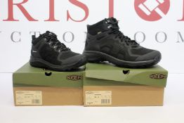 Two pairs of as new Keen Explore Mid waterproof boots (Men's UK 11, women's UK 4).