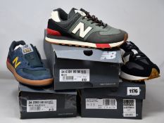 Three pairs of as new New Balance trainers; two pairs of All Coasts 574 (UK 7) and a pair of 327 (UK