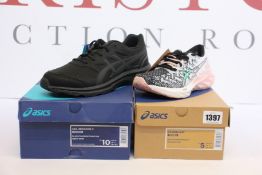 Two pairs of women's as new Asics trainers; Gel-Mission 3 (UK 8) and Dynablast (UK 3).