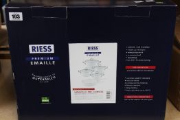 A Riess Arctic White cookware set.