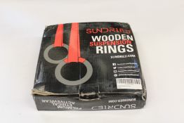 Ten sets of boxed Sundried Wooden Suspension Rings with straps (Gymnastics).