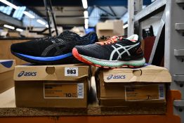 Two pairs of men's as new Asics trainers Gel Cumulus 22 (UK 9) and women's Gel-Nimbus 22 (UK 5.5).