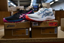 Two pairs of women's as new Asics trainers; Field Ultimate FF (UK 5) and Gel-Excite 8 (UK 6.5).