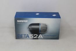 A boxed as new Shure Beta 52A Supercardioid Dynamic kick drum microphone.