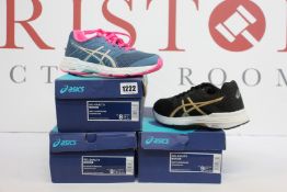 Three pairs of women's as new Asics Gel-Exalt 5 trainers (UK 6, 6.5, 7).