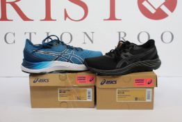 Two pairs of as new Asics Gel-Excite 8 trainers; women's (UK 6.5) and men's (UK 9).