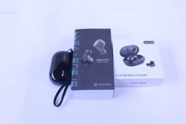 A quantity of wireless headphones in charging cases (Most unboxed).