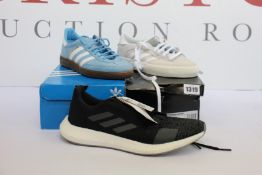 Three pairs of as new Adidas trainers; Matchbreak Super (UK 6), Handball Spezial (UK 8) and
