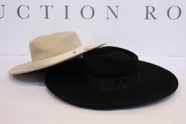 Two as new Raceu hats; Colorado wide brim fedora (Size 57) and an Evie beige wide brim fedora (