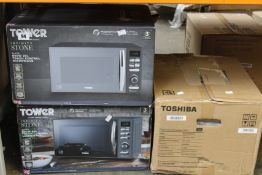 Two boxed as new Tower Infinity Stone 800w microwaves and a boxed as new Toshiba MM-EM20P(WH)