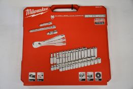 An as new Milwaukee (4932464946) 3/8in Ratcheting Socket Set Metric & Imperial (56 Piece, red).