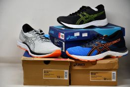 Three pairs of men's as new Asics trainers; Gel-Contend 6 (UK 5), Gel-Flux 5 (UK 8.5) and Gel-Excite