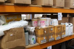 A large quantity of household cleaning products, detergents, toilet rolls and related items.