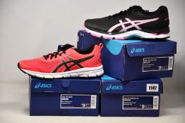 Three pairs of women's as new Asics trainers; Gel-33 Run (UK 7) and two pairs of Gel- Phoenix 10 (UK
