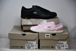 Two pairs of as new Lacoste Lerond sneakers (UK 10, 12) and a pair of Lacoste Sideline sneakers (