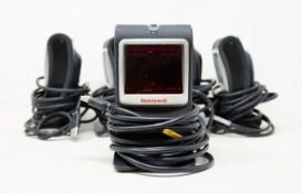 Five pre-owned Honeywell Genesis 7580G-2 1D 2D USB Presentation Barcode Scanners.