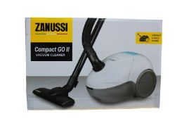 A new Zanussi Compact Go ll White, 750W, 1.5L, 5M automatic cord rewind vacuum cleaner.