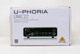 A boxed as new Behringer UMC22 Audiophile 2x2 USB Audio Interface with Midas Mic Preamplifier (Box
