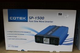 A boxed as new Cotek SP-1500-212 pure sine wave inverter.