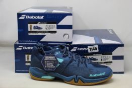 Three pairs of men's as new Babolat Shadow Spirit badminton trainers (UK 9, 2 x UK 10).